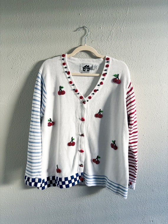 Vintage 90s Storybook Knits Cherry Cardigan - 1X