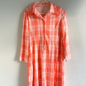 Vintage 1970s Orange Plaid Long Sleeve Dress - Medium