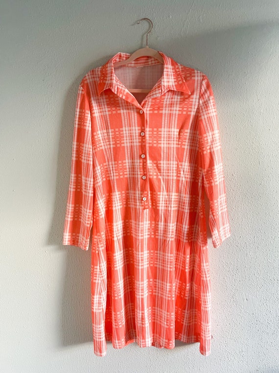 Vintage 1970s Orange Plaid Long Sleeve Dress - Me… - image 1