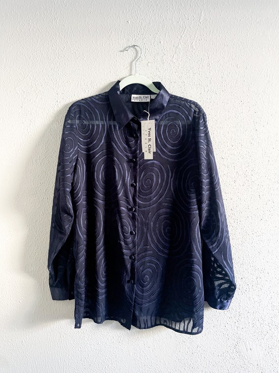 NWT Y2K Yves St Clair Navy Sheer Button Down - Me… - image 1