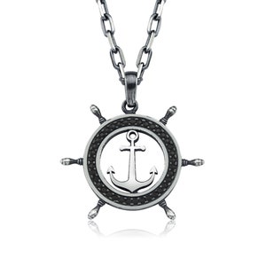 Sterling Silver Anchor Rudder Necklace with Black Zircon