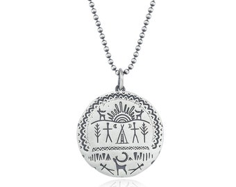 Shaman Drum Medallion | 925 Sterling Silver| Shamanic Talisman Necklace | Tribal Painting Pendant | Valentine’s Day Gift| Handmade jewelry