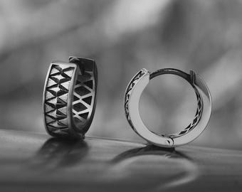 Oxidized Sterling Silver Huggie Hoop Earrings: Geometric Mens Jewelry