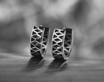 Oxidized Sterling Silver Huggie Hoop Earrings: Geometric Mens Jewelry