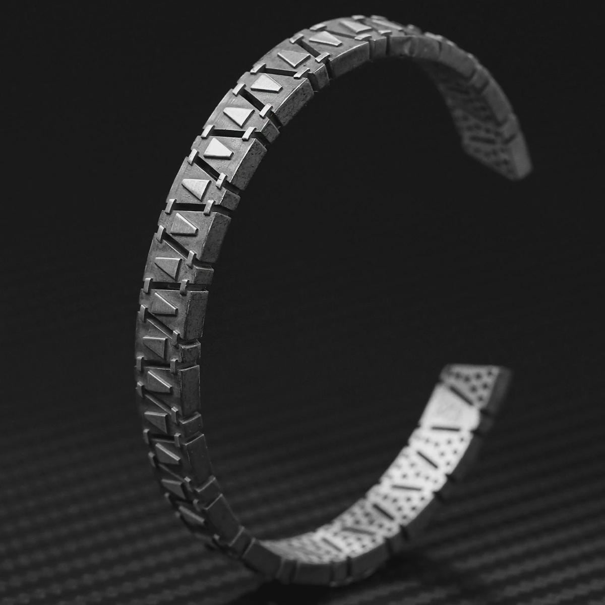 Rugged Mens Cuff Bracelet | Dark Oxidized Silver Bangle | Geometric Triangle Pattern | Masculine Statement Jewelry Gift