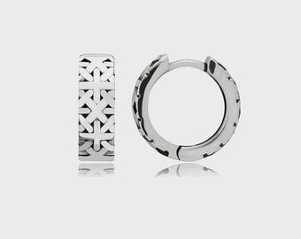 Mens Oxidized Sterling Silver Huggie Earrings: Geometric Minimalist Hoops