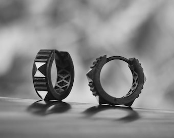 Oxidized Sterling Silver Huggie Hoop Earrings: Geometric Mens Jewelry