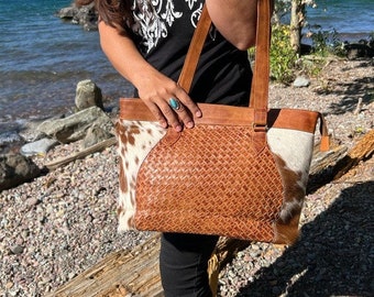 New Unique Cowhide Woven oil rubbed woven Leather  Bag Tote satchel Purse Brown Tan White