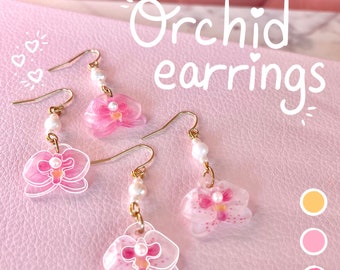 Hanging Orchid Blossom Earrings • Pearl Earrings • Handmade Floral Jewelry