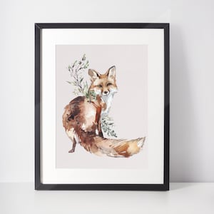 Red Fox Watercolor Wall Art Print Poster, Fox Illustration, Floral Fox, Woodland Animals