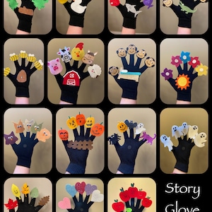 May include: A set of 10 felt finger puppets for storytelling. Each set includes a variety of characters and themes, such as farm animals, Halloween, and nature. The puppets are made of soft felt and are easy to use. Story Glove Sets.