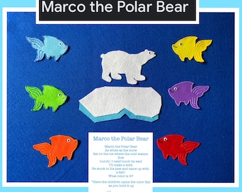 May include: A felt craft activity for kids featuring a white polar bear on a blue background with a rhyme about Marco the Polar Bear. The rhyme is printed below the image. The image also includes six colorful fish.