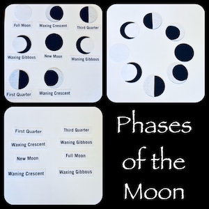 May include: A visual educational aid illustrating the phases of the moon. The image features multiple white squares with black and white circular cutouts representing different moon phases. Text labels identify each phase, including "Full Moon" and "New Moon". The title "Phases of the Moon" is displayed.