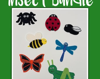 May include: A collection of felt insect cutouts, including a black spider, red ladybug, black beetle, yellow and black bee, blue dragonfly, orange butterfly, and green grasshopper. The words "Insect Bundle" are written in white script at the top.
