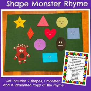 May include: A green felt board with nine felt shapes, including a star, triangle, diamond, heart, circle, oval, square, octagon, and a monster. The shapes have happy faces and the monster has googly eyes. A laminated card with the text "Shape Monster Rhyme" and a rhyme about the shapes is included.