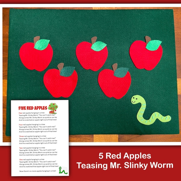 5 Red Apples Teasing Mr. Slinky Worm Felt Rhyme, Felt Board Story, Felt Set, Circle Time, Teacher Resource, Counting