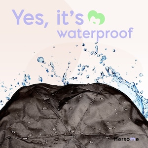 May include: A black waterproof fabric with water droplets on it. The text "Yes, it's waterproof" is above the fabric. The text "Hersome" is in the bottom right corner of the image.