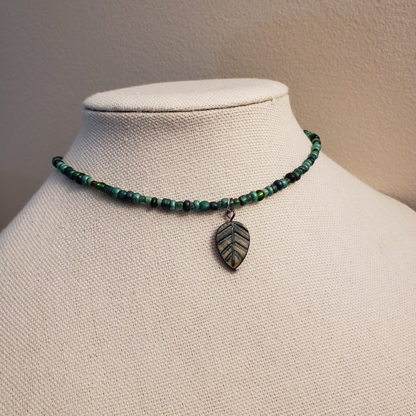 Green Wooded Forest Fairy Beaded Choker with Leaf Charm