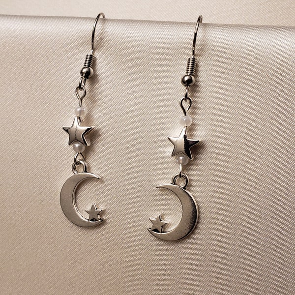 Moons, Stars, and Pearls Charm Drop Beaded Earrings