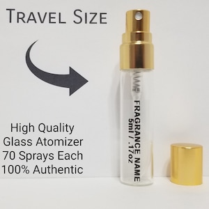 May include: A gold and clear glass travel-sized atomizer bottle with a gold cap. The bottle is labeled "FRAGRANCE NAME 5ml / .17oz".