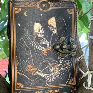 Handmade Leather journal for men and women, Book of Spells Leather Journal Deckle Edge Paper, The Lovers Tarot Notebook, Travel journal