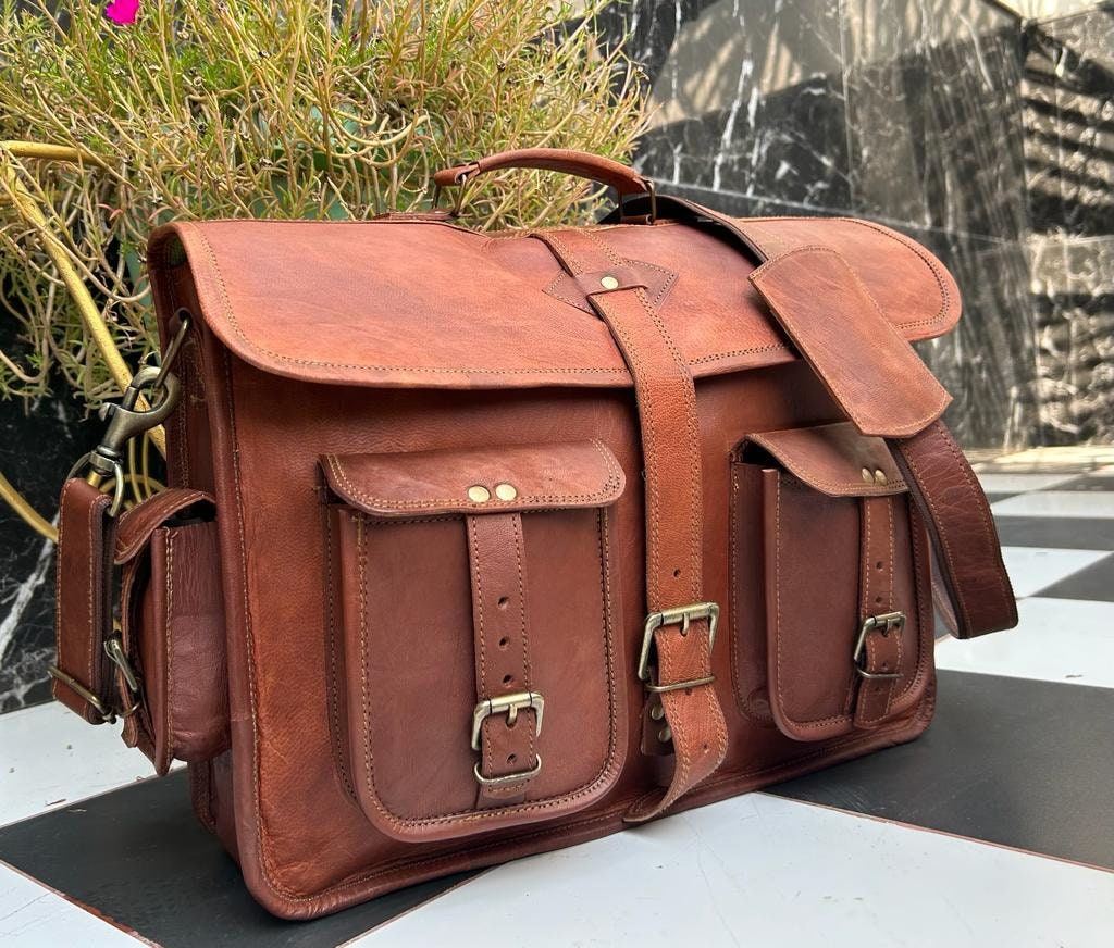 Vintage Leather Laptop Bag for Men Full Grain Large Leather Messenger bag for men 18 inches with rustic look Best leather briefcase