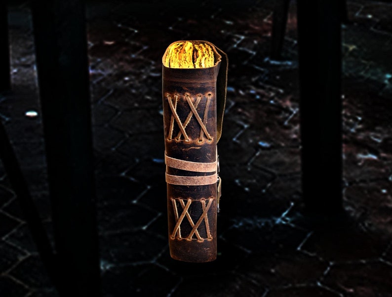 May include: A brown leather quiver with a strap and decorative stitching. The quiver is empty and has a worn look.
