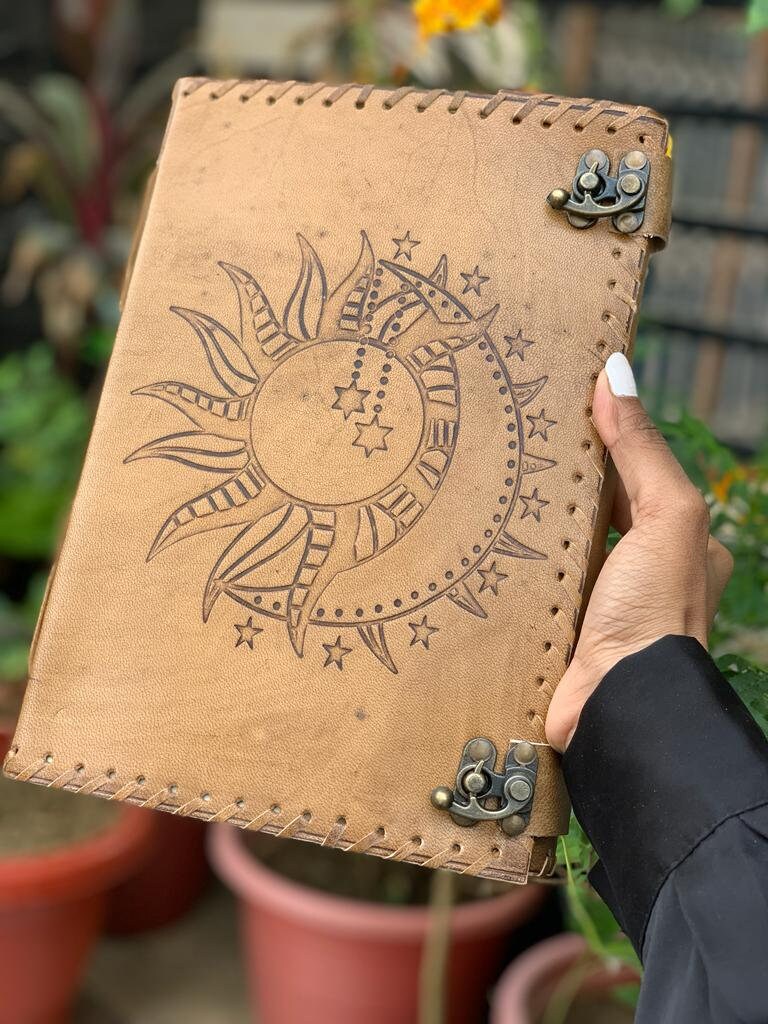 Sun & Moon Emboss Journal With Two Locks, Vintage Journal, Leather ...