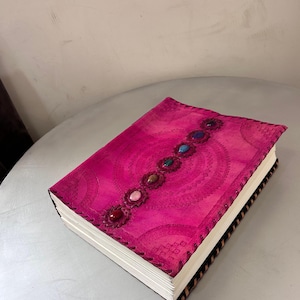Seven Chakra Medieval Stone Embossed Handmade Jumbo Leather Journal Book of Shadows Leather Bound (Pink, 13 Inches)