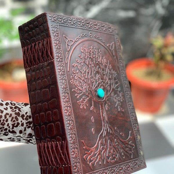 Leather Sun and Moon Embossed with Beautiful Blue Stone Journal Diary Notebook, Planner,600 pages Blank Book Journal (Tree of Life)