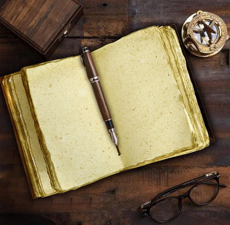 May include: A vintage-style leather-bound journal with blank pages, a fountain pen, and a compass on a wooden surface.
