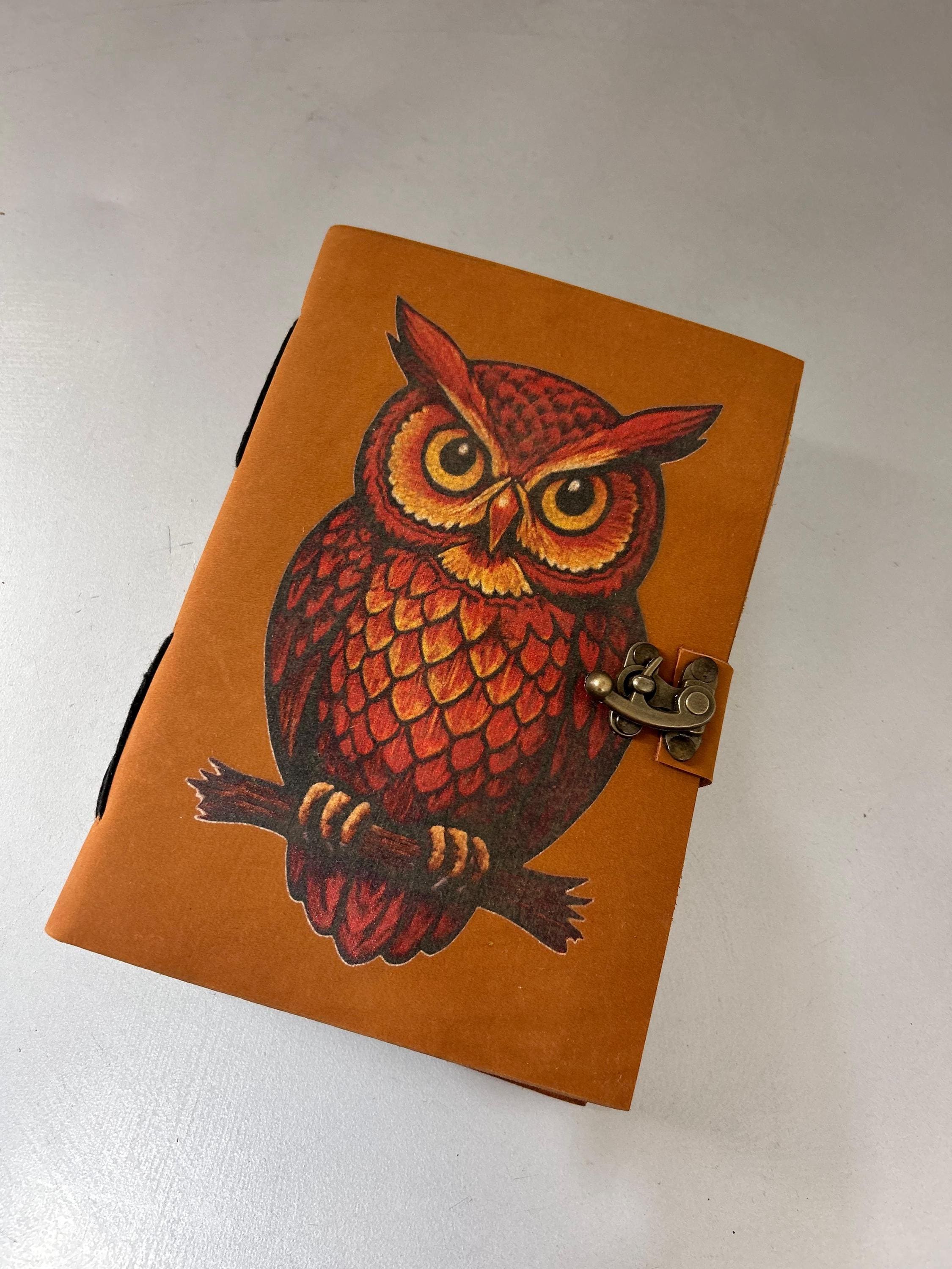 Handmade Leather Owl Journal Vintage Lock Diary 8x6 Inch TAN UV Print Owl Refillable Travel Sketchbo