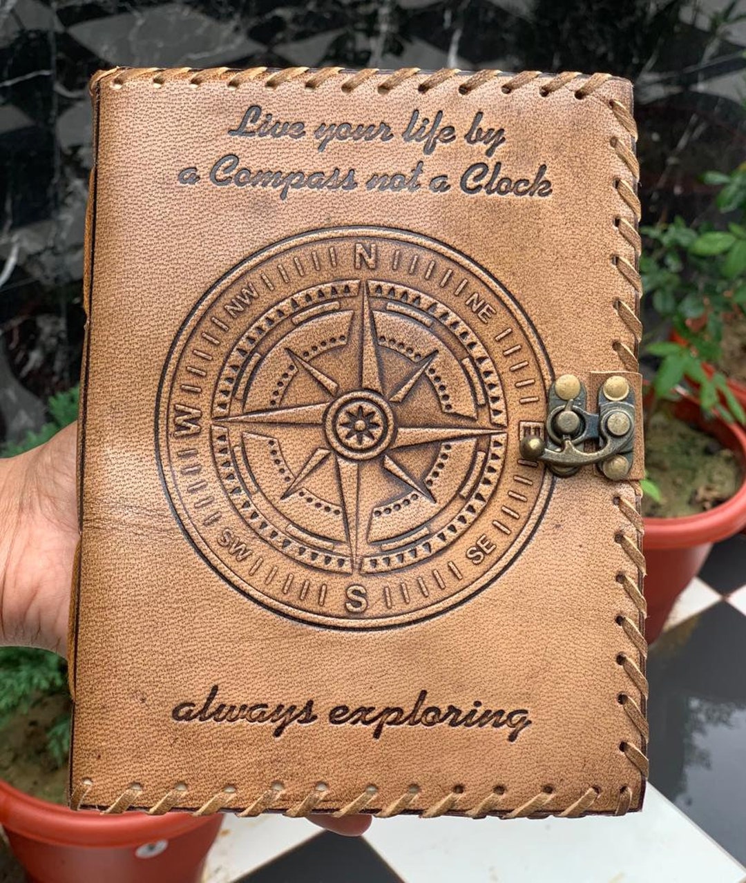 Compass Journal, Compass Emboss Leather Journal, Pages Handmade Paper