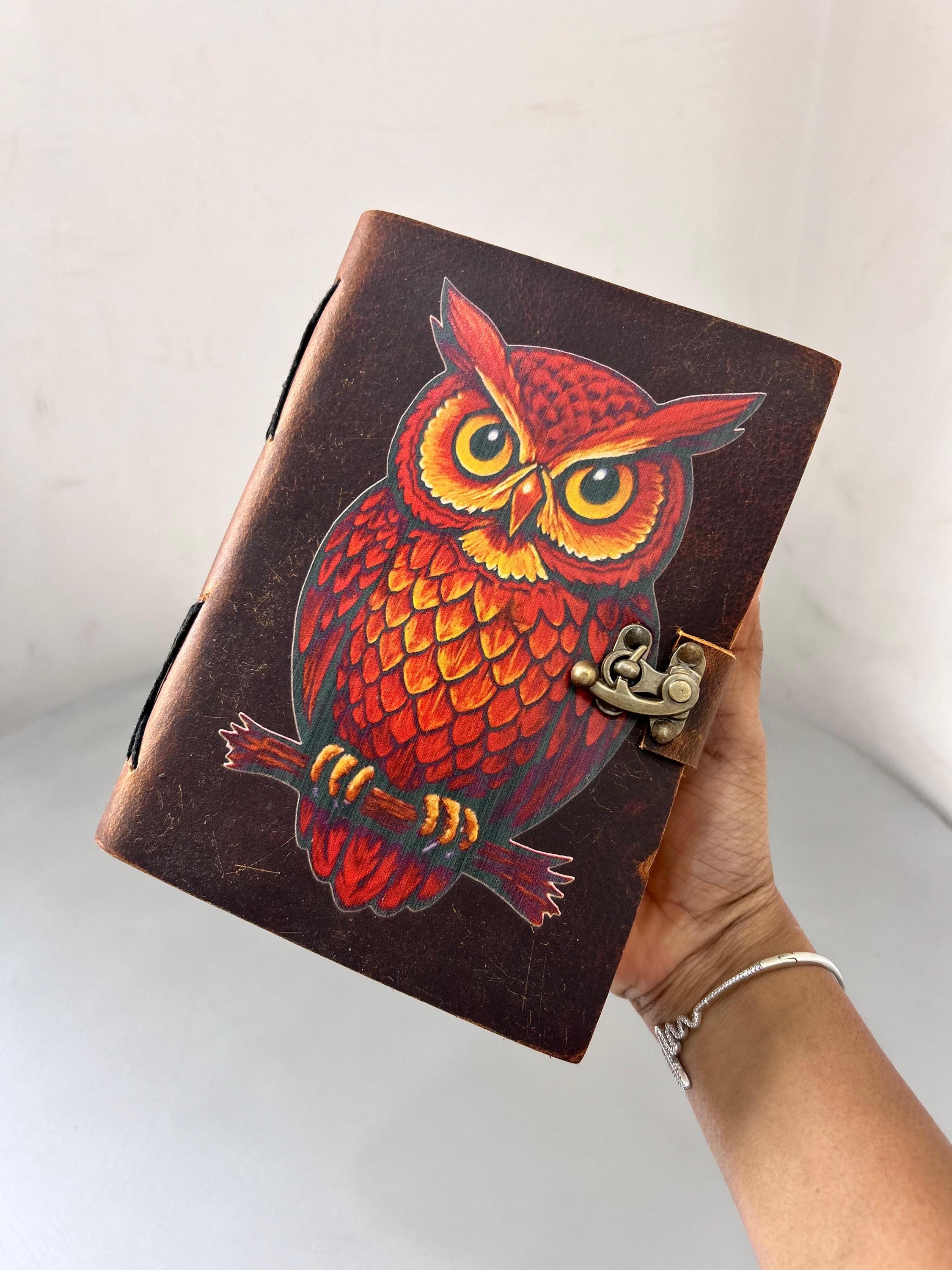 Handmade Leather Owl Journal Vintage Lock Diary 8 x 6 Inch, Dark Brown Uv Print Owl Notebook, Refill