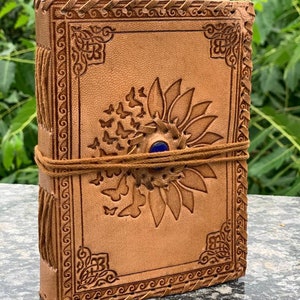 Sun Flower & Butterfly Emboss with Blue Stone journal, 240 Pages Journal, Leather Sketchbook, Leather Notebook, Vintage Journal