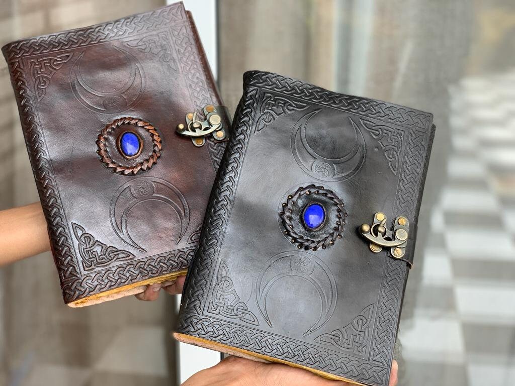 3 Moon Blue Lapiz Embossed Vintage Leather Journal Pages of Antique ...