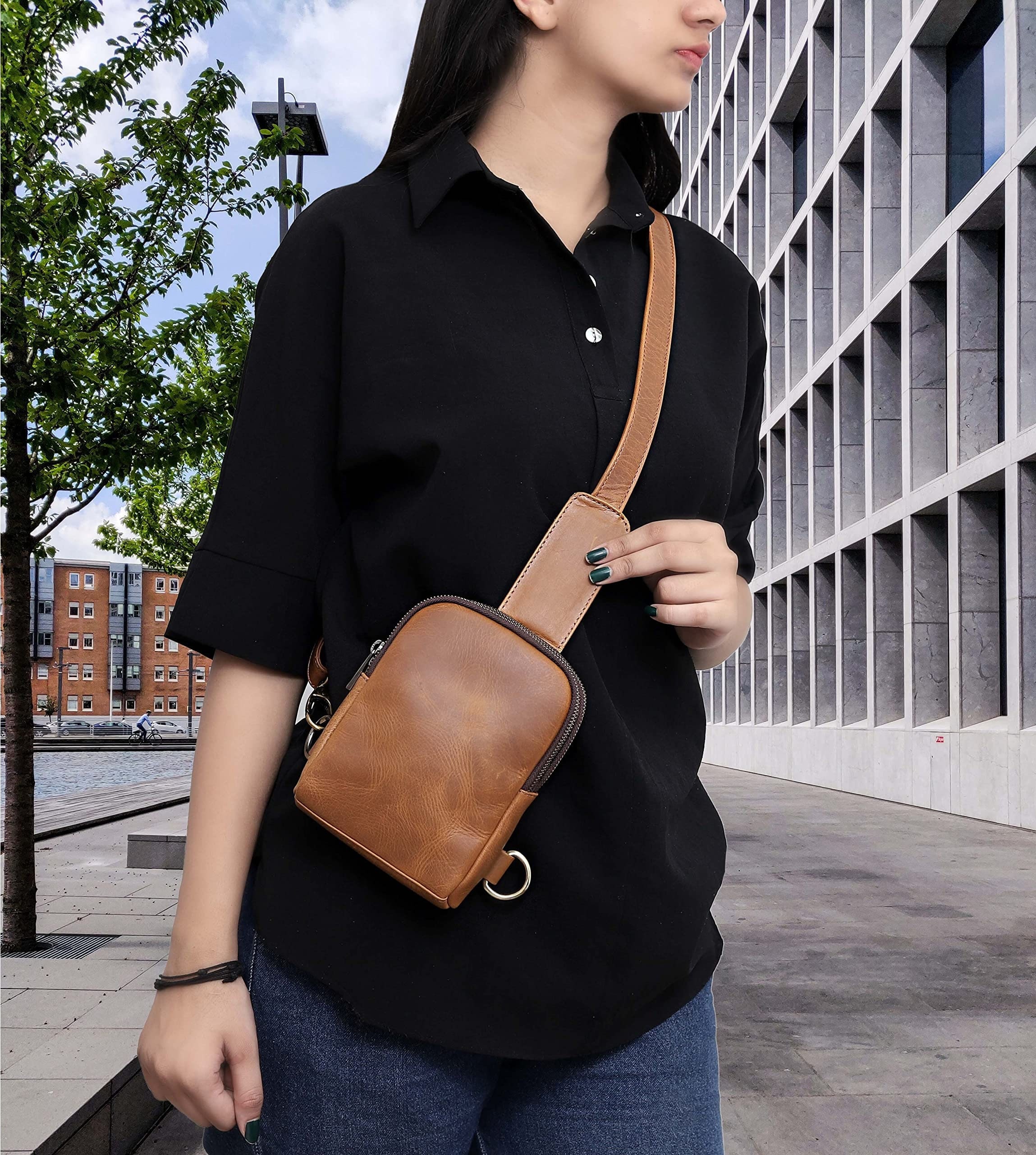 Sling Bags for Women Crossbody Sling Backpack and Leather Backpack Purse? Sling Crossbody Backpack in Cognac – SutiSana main image 2