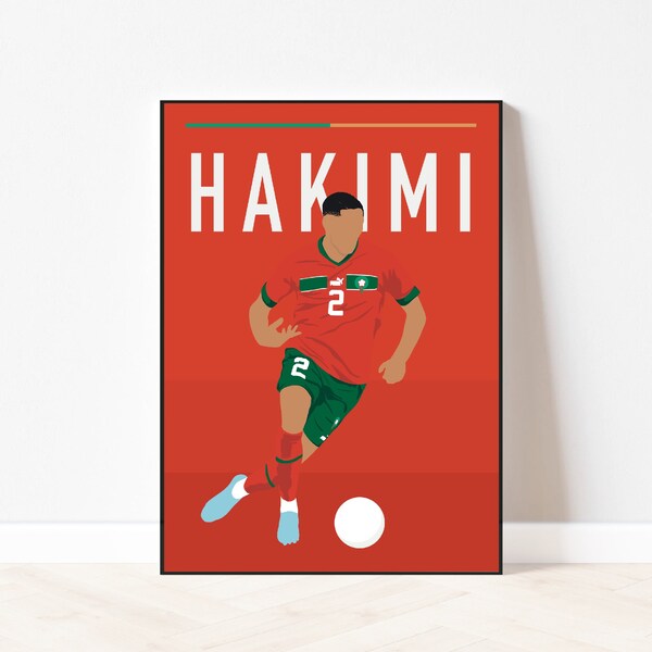 Achraf Hakimi a inspiré l'affiche imprimable, les Lions de l'Atlas, l'équipe nationale du Maroc, le PSG, l'art mural de football, l'art mural minimaliste, le décor de football