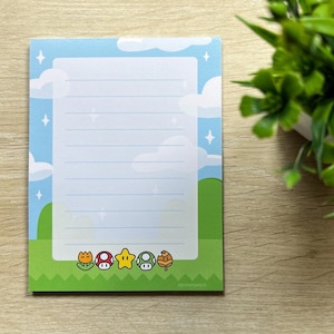Bloco de notas de 50 páginas, itens de mario, papel de carta inspirado em mario, reino de cogumelo