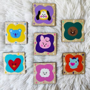 BTS bt21 set of 7 original painted 3x3&quot; wood arylic art chimmy cooky rj koya shooky mang tata bangtan