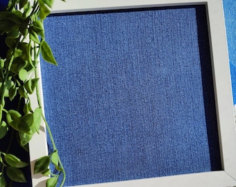 handmade fabric framed pin board display blue denim indigo and white style 8x8"