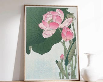 Japanese Lotus Print | Pink Lotus Blossom & Lily Leaf | Botanical Wall Art | Vintage Japanese Poster