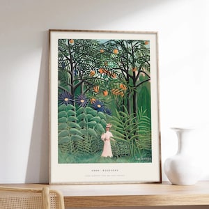 Rousseau-Plakat, Frau spaziert in einem exotischen Wald, Ausstellungsplakat, Kunstdruck auf Papier in Museumsqualität