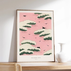Impresión japonesa, cartel del cielo rosa, cartel de Japón, pájaros en el cielo, cartel de Watanabe Seitei, impresión de arte de calidad de museo en papel