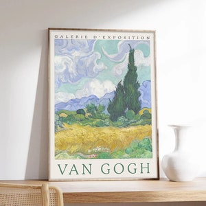 Van-Gogh-Plakat, Naturplakat, Vincent Van Gogh, Felder mit Zypressen, Ausstellungsplakat, Kunstdruck in Museumsqualität auf Papier