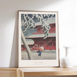 Japanischer Druck, Hasui Kawase, Japan Poster, Tempel unter dem Schnee, Winterposter, Kunstdruck in Museumsqualität auf Papier