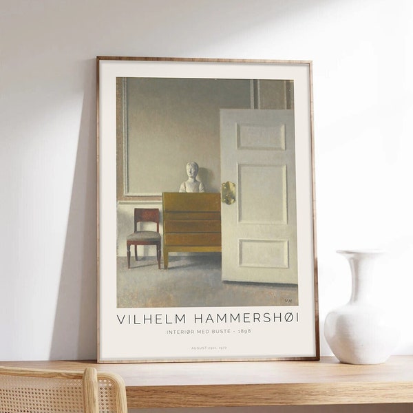 Hammershoi Poster, Realism, Vilhelm Hammershoi, Interior med Bust, Exhibition Poster, Museum Quality Art Printing on Paper