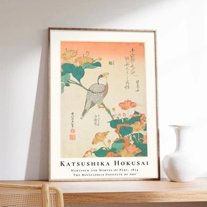 Hokusai-Poster, japanischer Druck, Kernbeißer und Marvel-of-Peru, japanisches Kunstposter, Kunstdruck auf Papier in Museumsqualität