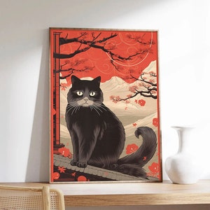 Japanisches Poster, Hokusai, Göttliche Katze, asiatische Wandkunst, Papier in Museumsqualität