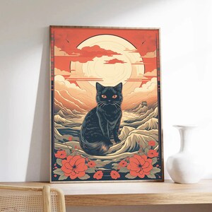 Japanisches Poster, Hokusai, Cat Noir, asiatische Wandkunst, Papier in Museumsqualität